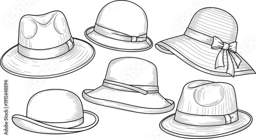 Collection of six vintage style hats including fedora cloche sun hat and bowler designs rendered in detailed black and white line art illustration suitable for coloring