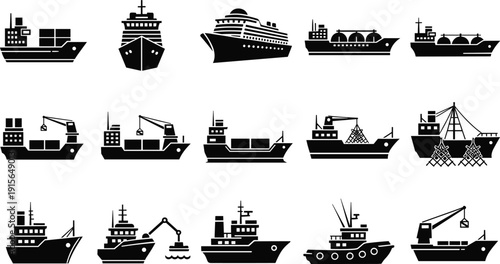 Set of black ship silhouettes icons, including cargo ships, cruise liners, fishing boats, tankers, and cranes for maritime transport and industry vector