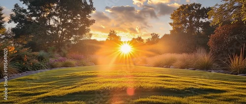 Beautiful sunset shines over a garden with flowers and grass in a peaceful setting during the evening