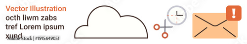 Digital communication, time tracking, email alerts, cloud storage, data management, workflow optimization. Cloud outline, clock with scissors and alert envelope. Digital communication and time