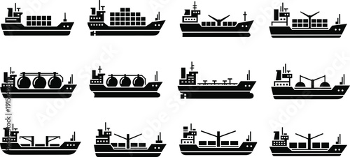 Set of black silhouette cargo container ships, tanker vessels, bulk carriers, freighters with wind turbines, marine freight, maritime transport icons vector