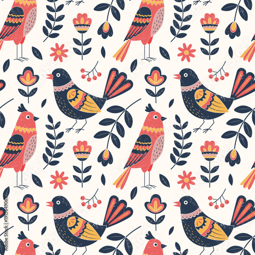 Traditional folk birds seamless pattern. Textured birds and flowers background. Cute pigeon and parrot pattern.