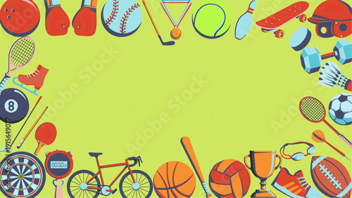 Sports concept frame. Creative layout made of athletics accessories on green background with copy space for text. Minimal fitness elements border Ideal for banner, poster, social media, ads, card.