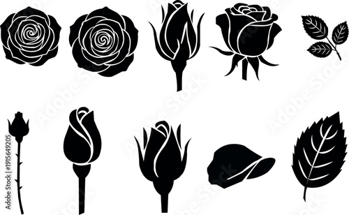 A timeless rose illustration collection blending vintage engraved detail, clean line art, flat silhouettes, and elegant black-and-white designs—perfect for logos, prints, coloring pages, and creative 