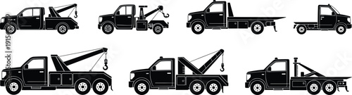 Set of black tow truck silhouettes, heavy-duty tow vehicles collection, recovery trucks vector, roadside assistance service icons illustration
