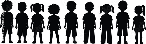 Set of cute black silhouettes featuring diverse young children boys and girls standing in a row on a white background.