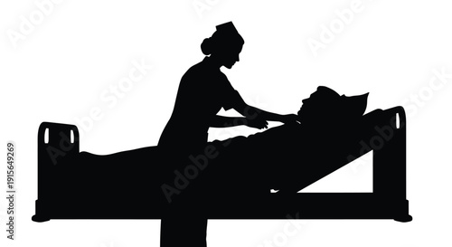 A black silhouette depicts a nurse attending to a patient in bed