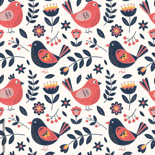 Traditional folk birds seamless pattern. Textured birds and flowers background. Cute pigeons pattern.