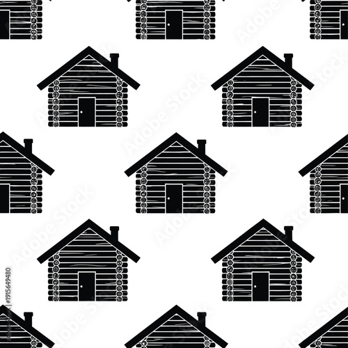 Pattern of black log cabins with chimneys on white background viewed from front perspective