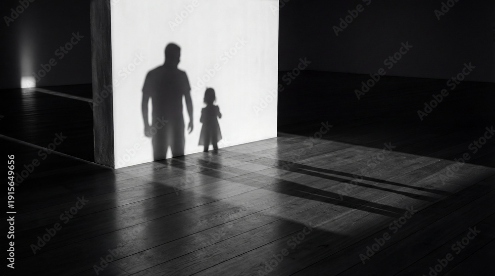 Obraz premium Shadow silhouette of father holding daughter hand on wall, family love protection concept, parenting relationship symbol