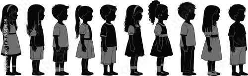 Collection of cute detailed black silhouettes featuring young boys and girls standing side by side in a row.