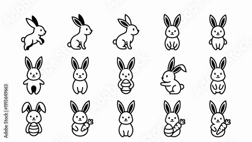 Collection of 15 Easter-themed rabbit icons in various poses and actions