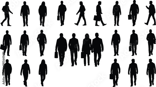 Large set of black business people silhouettes showing various walking and standing poses with briefcases on white background.