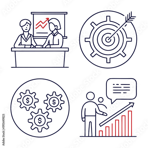 A comprehensive collection of modern business icons depicting office life meetings communication and everyday workplace activities for professional use