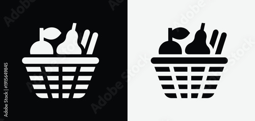 Black and white picnic basket icon illustration