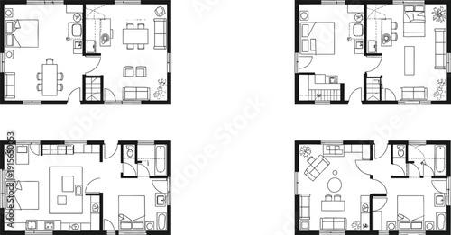 Set of detailed modern house floor plans, spacious residential interior layouts, architectural home blueprints, contemporary real estate design illustrations for property planning.