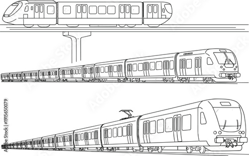 Set of detailed black and white vector illustrations of modern passenger trains, high-speed trains, subway trains, commuter trains, railway transport icons, transportation design