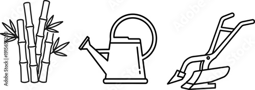 Sugarcane stalks leaves cluster, watering can irrigation tool, traditional plow soil preparation equipment, black and white farming illustration set, agricultural artwork