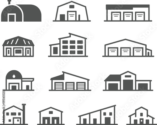Set of barn and warehouse icons, industrial storage buildings, farming structures, garage illustrations, vector symbols, black silhouette collection
