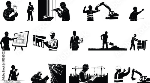 Collection of black silhouette icons depicting various occupations and activities