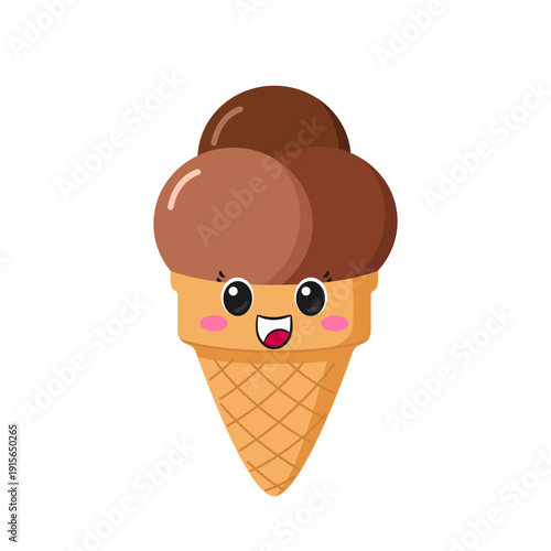 Cartoon ice cream, chocolate ice cream scoop in a waffle cone, sweet summer dessert, cute and fun character, happy smiling face, big eyes, kawaii style, vector illustration.