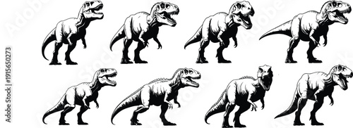 Set of black and white dinosaur T-Rex illustrations, isolated on white background, vintage style vector artwork, perfect for tattoo, sticker, poster, or graphic design use