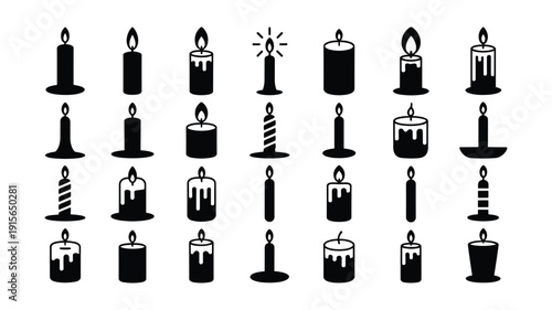 Collection of keywords: black silhouette candle with flames and dripping wax