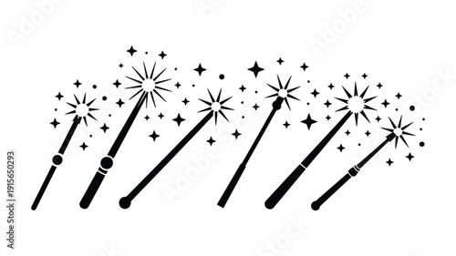 Collection of six keywords: black magic wands with sparkling starbursts and dots spell casting