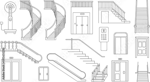 Set of black and white stairs, elevators, escalators, doors, spiral staircase, keypad, modern architecture, building elements, construction design