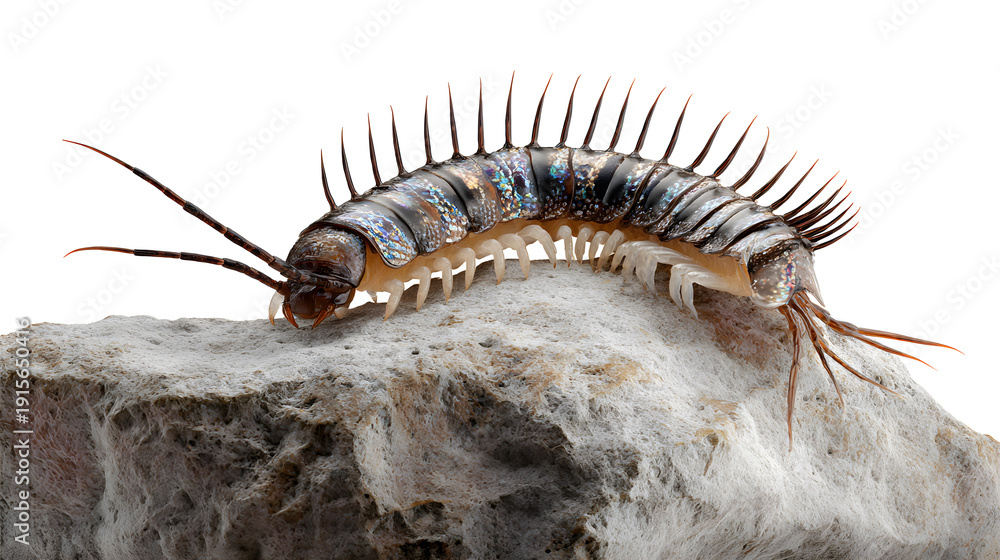 Fototapeta premium Close up of a dark millipede crawling across a rough gray rock surface in natural light.