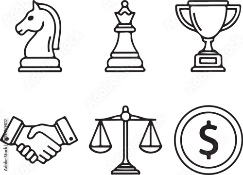 Business and strategy icons including chess pieces and symbols of success