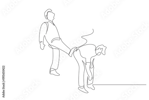 Ugly Man Kicking from Behind Laughing Bully One Line Art Illustration