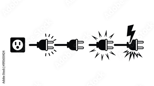 Keywords: Black electrical plug and socket showing connection and sparking energy electricity power