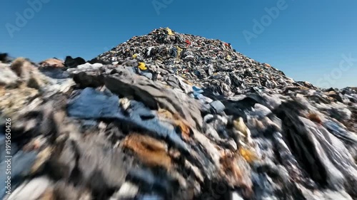 Massive clothing waste pile in dry desert landscape