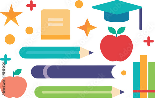 Colorful school supplies and graduation cap isolated on transparent background, Vector, illustration