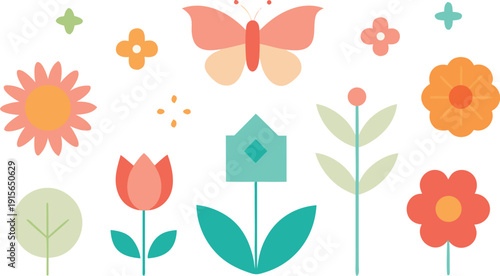 Flat floral illustrations with butterfly and cross isolated on transparent background, Vector, illustration