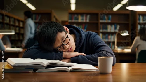 Tired Asian male student with glasses sleeping on books at a library study table with a coffee cup.