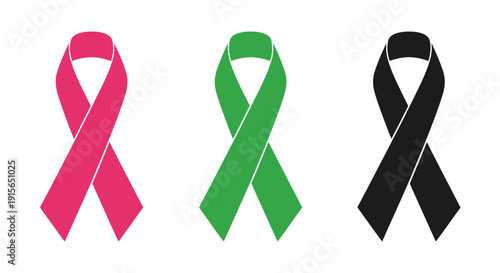 Three awareness ribbons in pink green and black silhouette