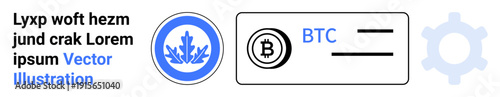 Financial technology, blockchain, digital payments, cryptocurrency, international trade, secure wallets. Minimalist design with Bitcoin logo, maple leaf wallet icon and gear symbol. Blockchain