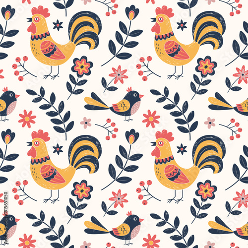 Traditional folk birds seamless pattern. Textured hand drawn birds and flowers background. Cute roosters.