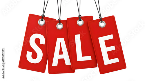 Four Red Price Tags Spelling SALE Hanging on Strings