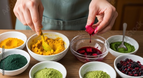 Hands preparing colorful superfood powders and berries for healthy eating and wellness.