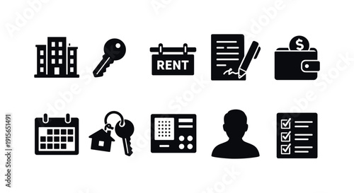 Real estate, rental contracts filled icon set. Property management, lease agreement icons