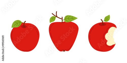Vector set of three red juicy apples isolated on a white background: a whole apple, an unusually shaped apple, and a bitten apple. A collection of ripe, healthy apples for fall harvest, school design