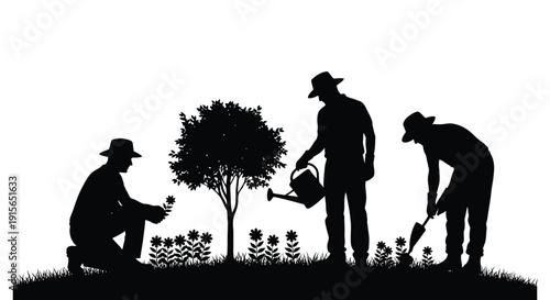 Gardeners tending plants and a tree in a striking silhouette