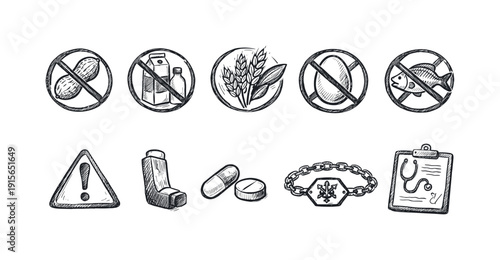 Allergy symbol silhouette icon set with health and warning signs for awareness