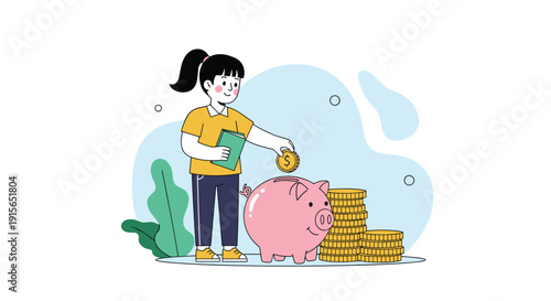 Responsible young girl wearing a yellow shirt and putting a gold coin into a pink piggy bank next to stacks of coins.