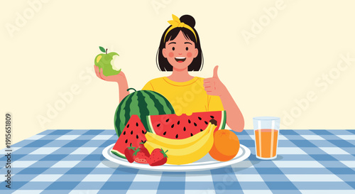 Cheerful young girl giving a thumbs up while sitting at a table full of fresh fruits including watermelon, bananas, and strawberries.