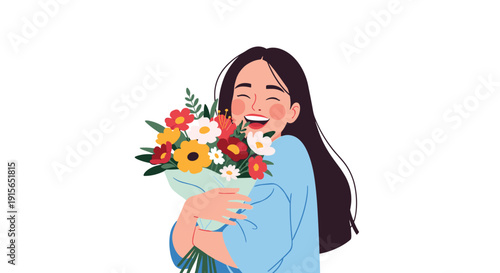 Radiant young woman with long dark hair hugging a colorful bouquet of flowers and laughing with pure joy on a white background.
