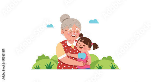 Happy grandmother hugging her little granddaughter with love in a green garden landscape under a blue sky with clouds.